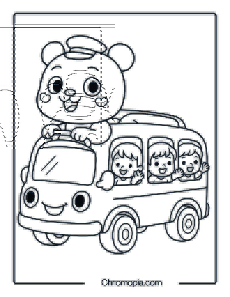 Panda Driving Baby Bus with Kids Inside – Baby Bus Panda Coloring Page