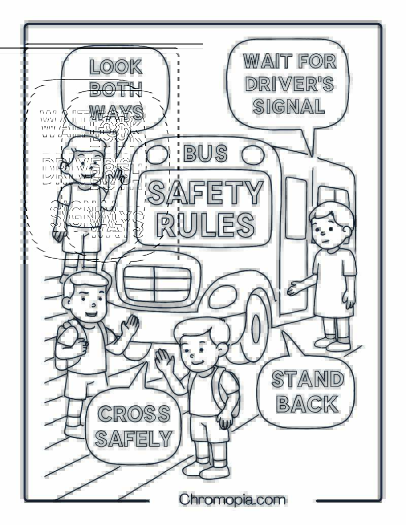 Bus Safety Rules Illustrated on Bus Exterior – Bus Safety Coloring Page