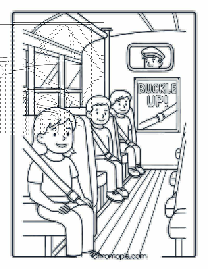 Inside View of Kids Buckled Up on the Bus – Bus Safety Coloring Page