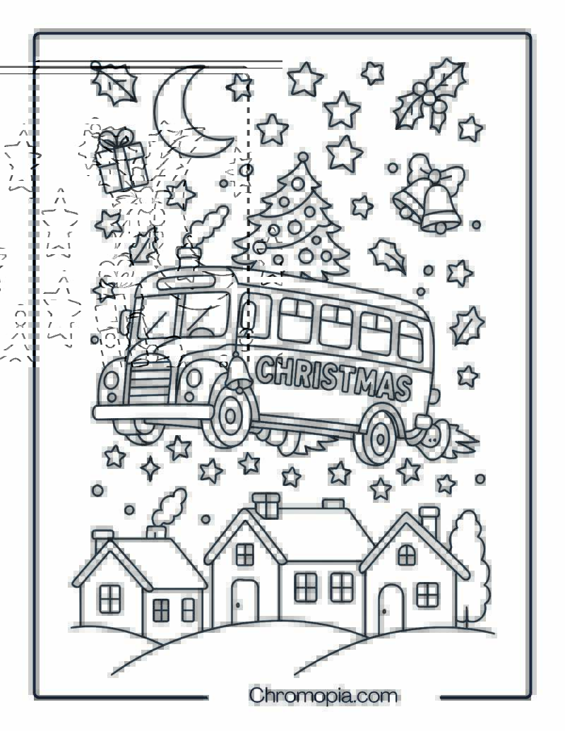 Magical Flying Christmas Bus in the Sky – Christmas Bus Coloring Page