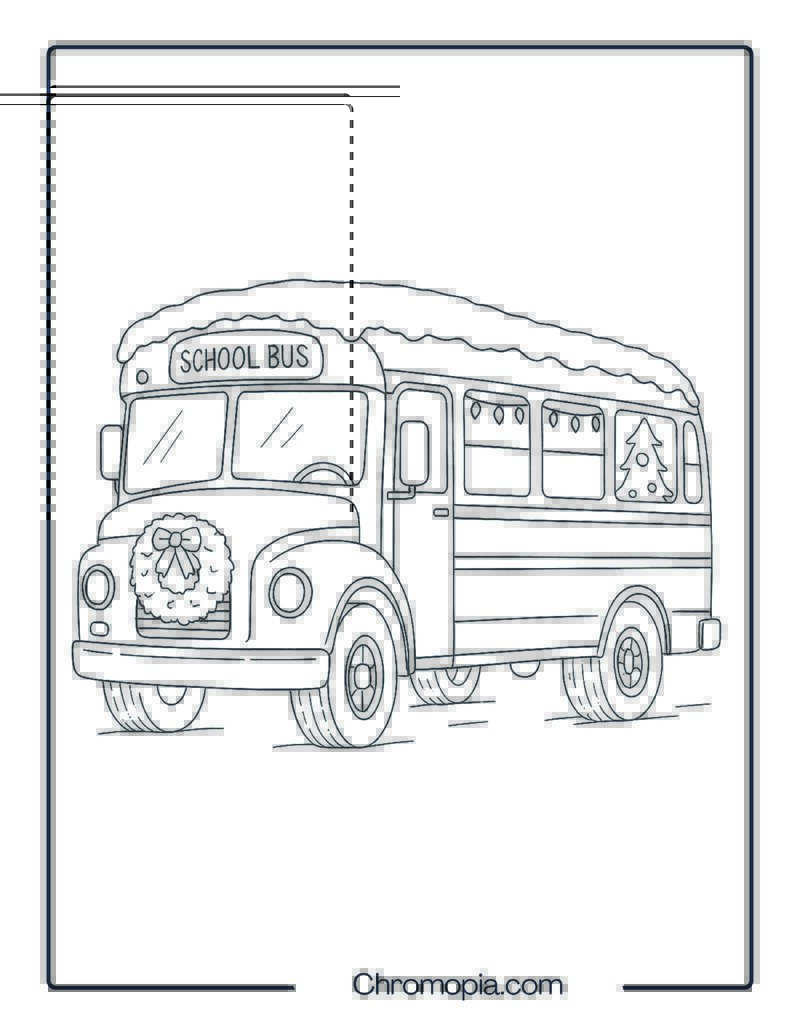 Realistic Winter School Bus with Snowy Roof – Christmas Bus Coloring Page