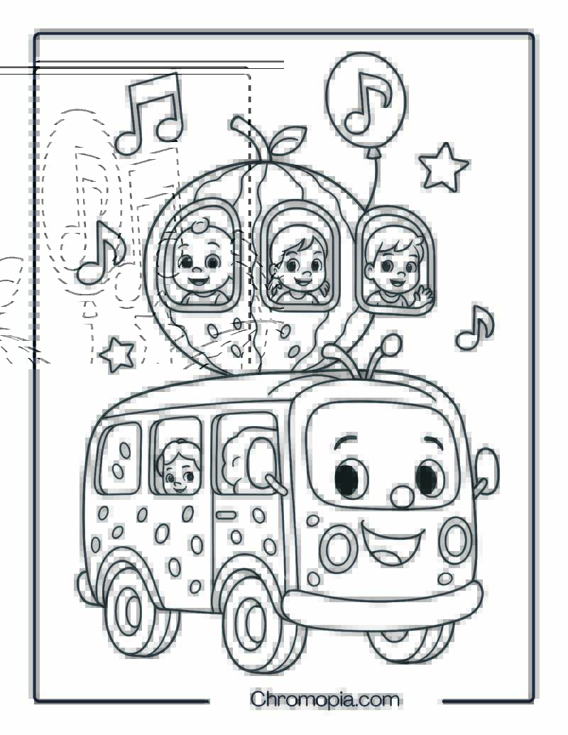 Cocomelon Bus with Giant Melon on Roof – Cocomelon Bus Coloring Page