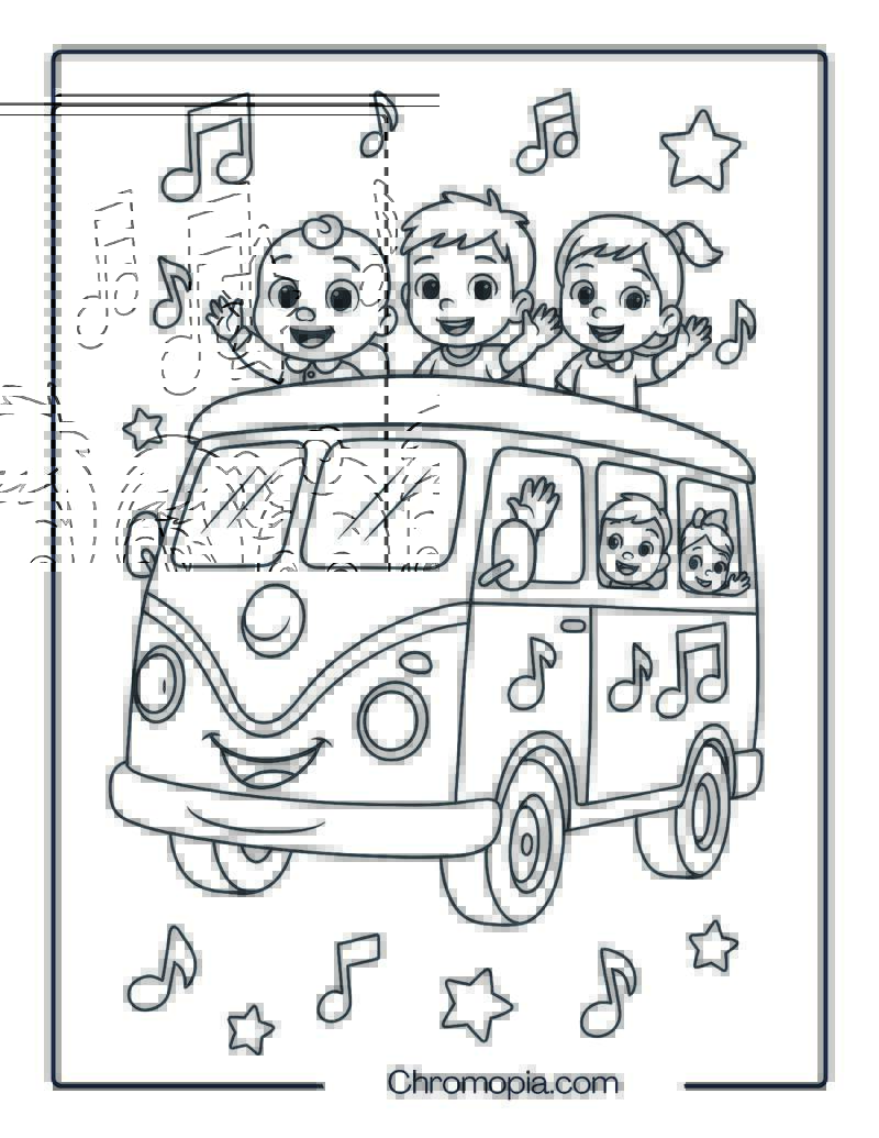 JJ and Friends on the Cocomelon Bus – Cocomelon Bus Coloring Page