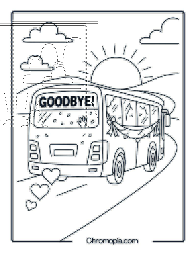 Farewell Cartoon Bus Driving Into Sunset – Farewell Bus Coloring Page
