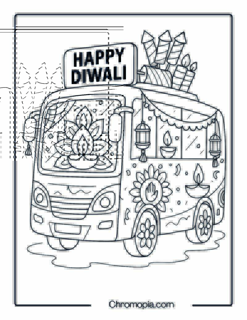 Diwali Festival Bus with Rangoli Patterns – Festival Bus Coloring Page