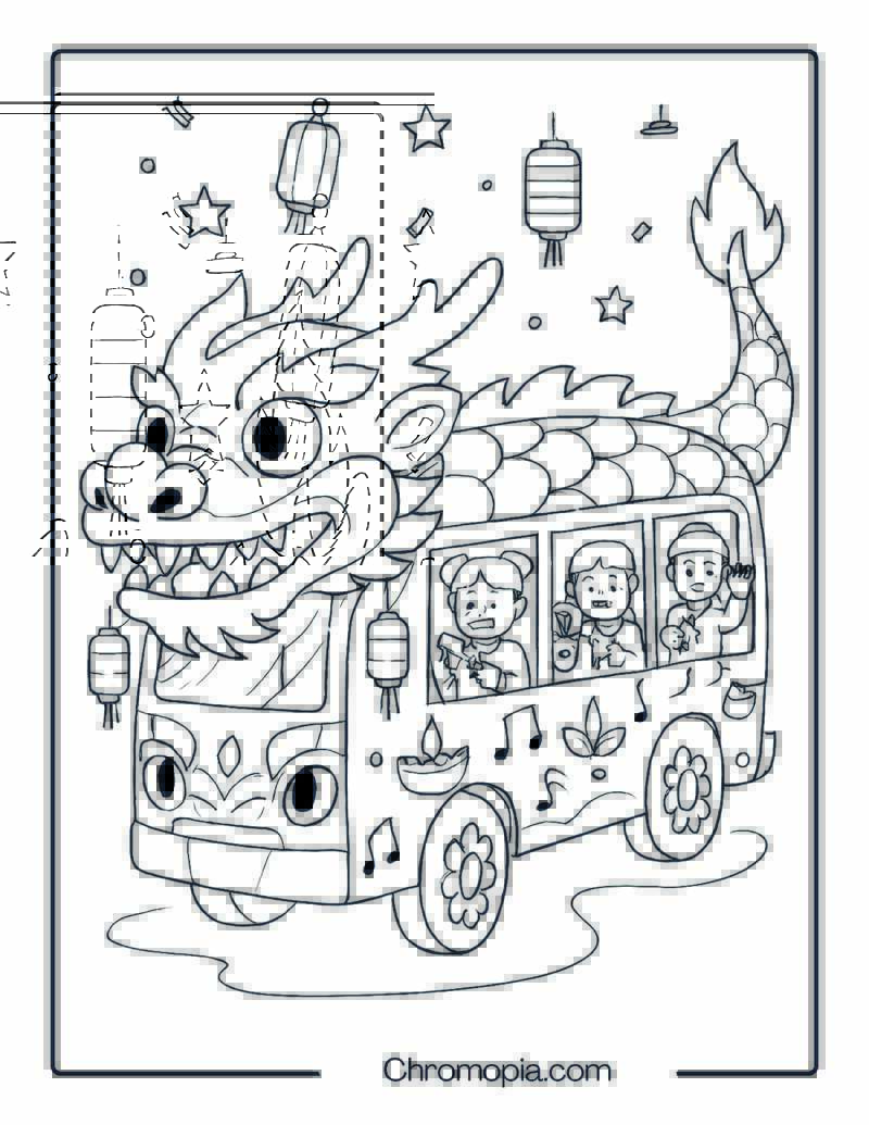 Lunar New Year Dragon Bus – Festival Bus Coloring Page