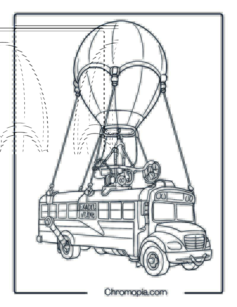 Classic Battle Bus Floating with Balloon – Fortnite Battle Bus Coloring Page