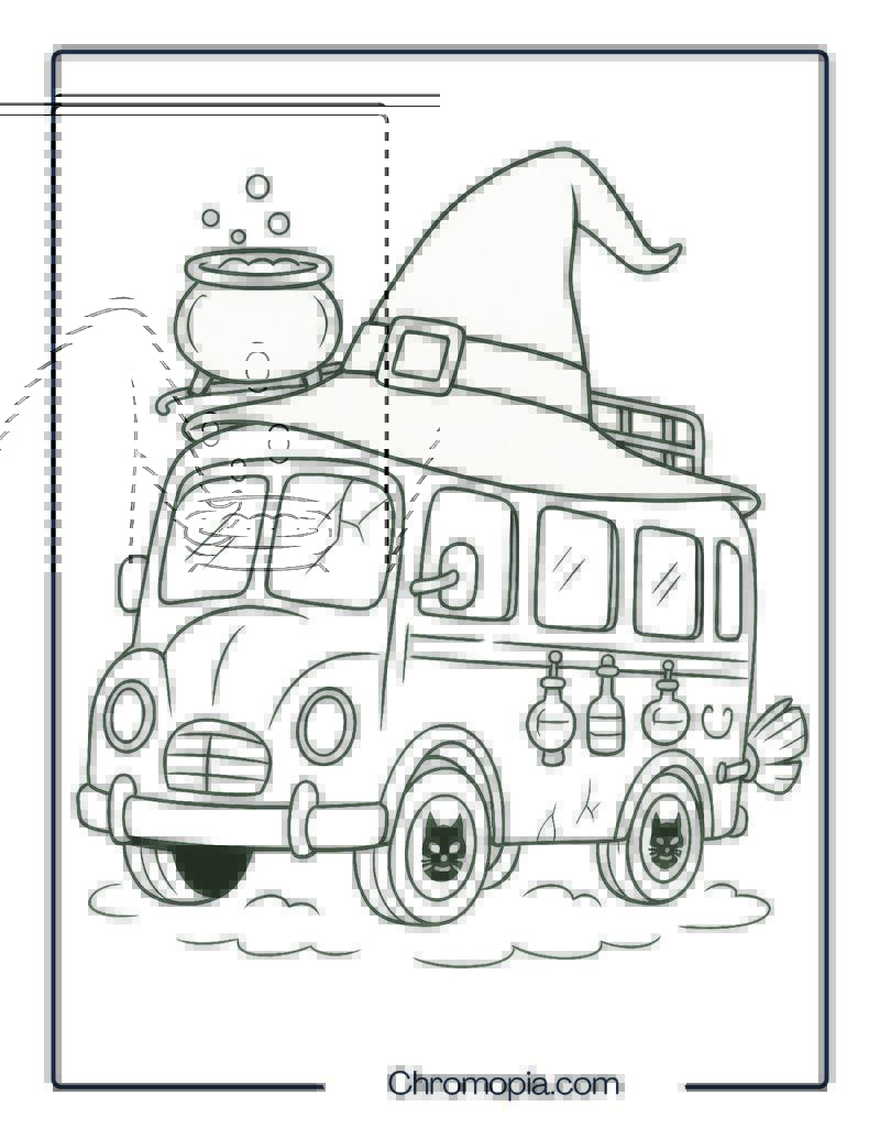 Cartoon Witch Bus with Broom Tailpipes – Halloween Bus Coloring Page