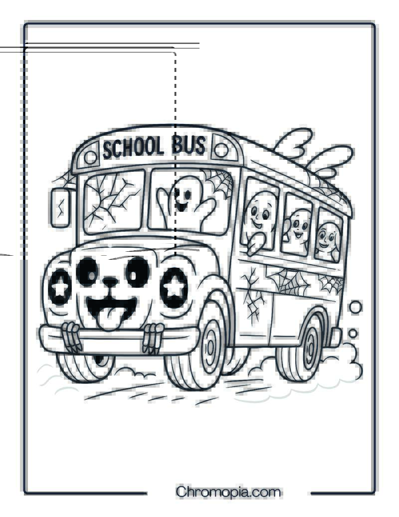 Haunted School Bus with Ghost Kids – Halloween Bus Coloring Page