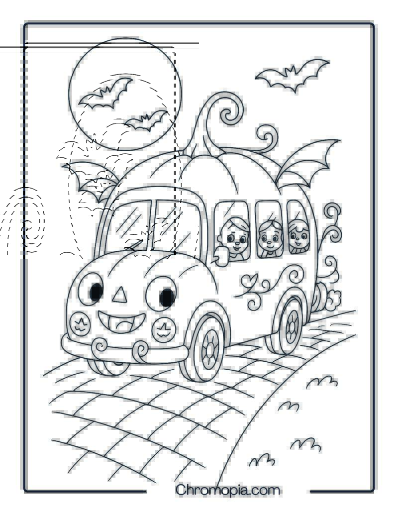 Pumpkin Bus on a Moonlit Road – Halloween Bus Coloring Page