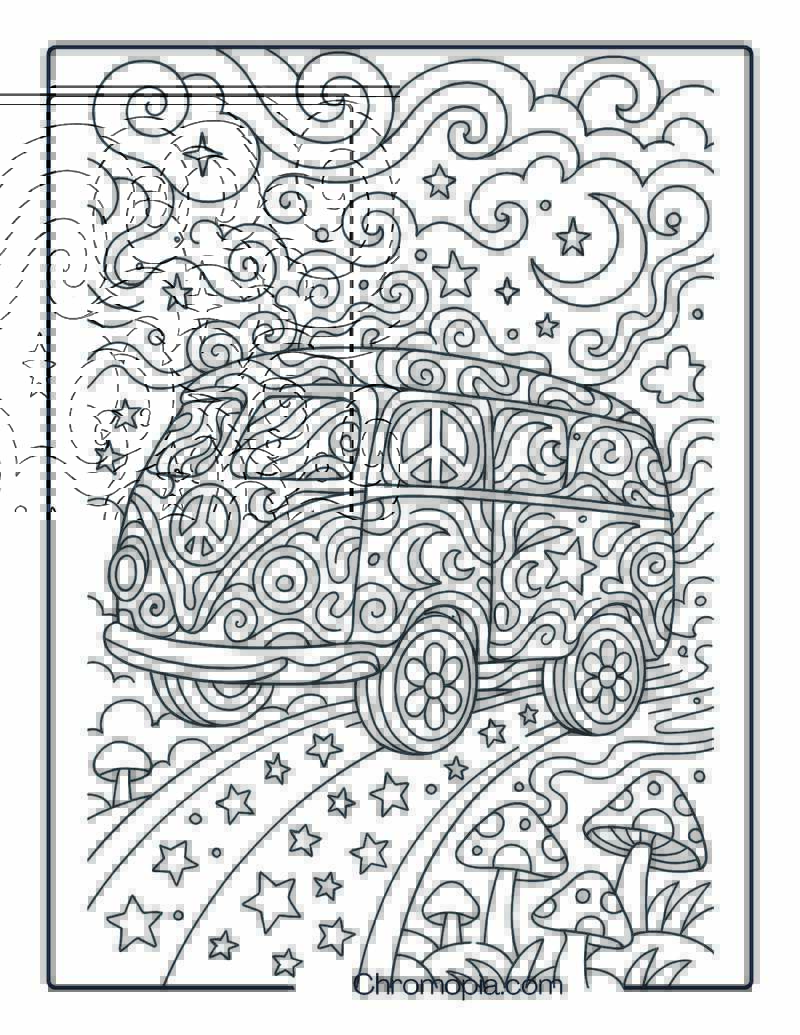 Fantasy Psychedelic Hippie Bus on Road – Hippie Bus Coloring Page