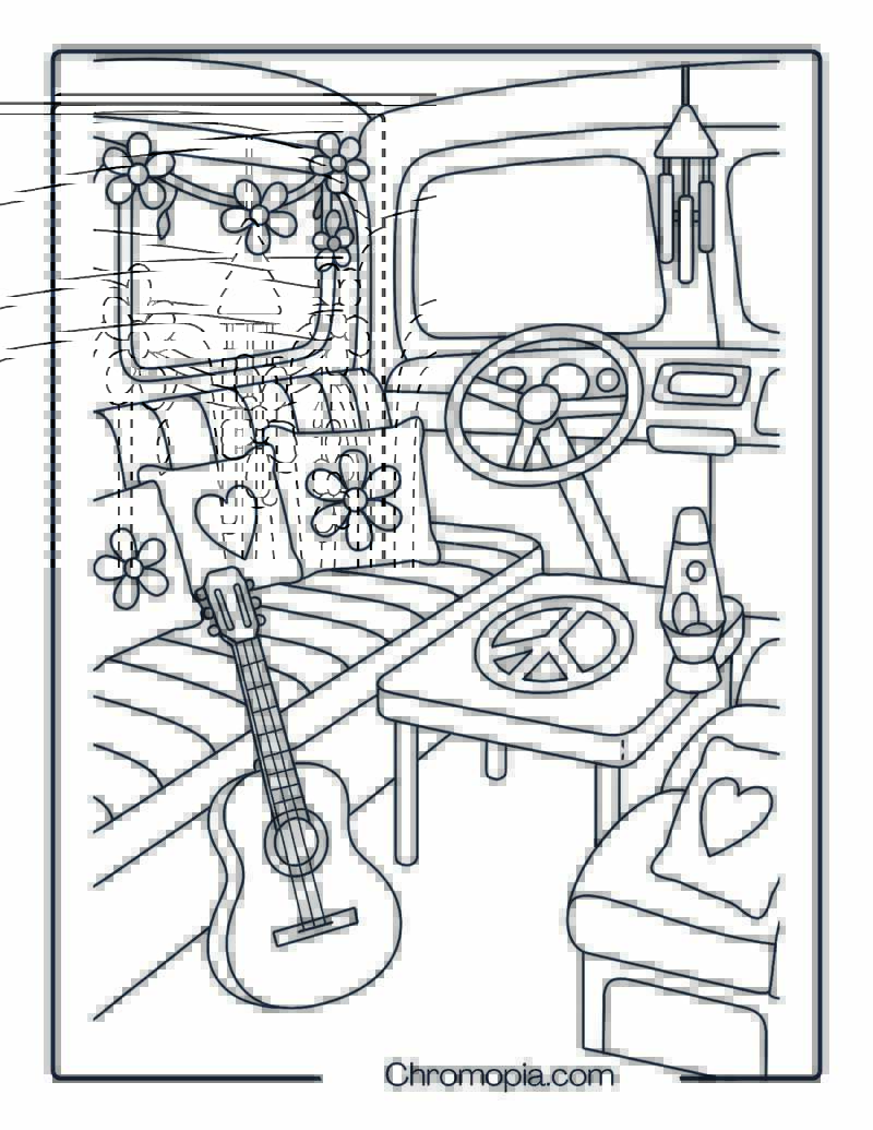 Hippie Bus Interior with Pillows and Guitars – Hippie Bus Coloring Page