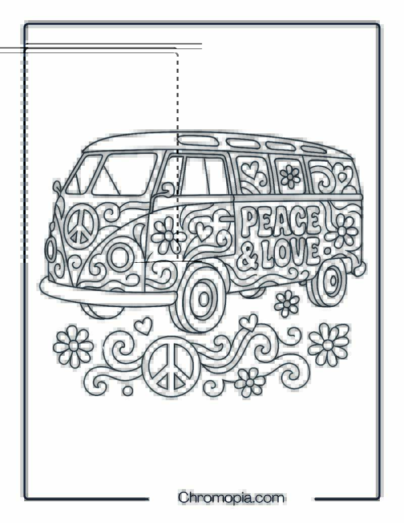 Side View of 1960s Hippie VW Bus – Hippie Bus Coloring Page