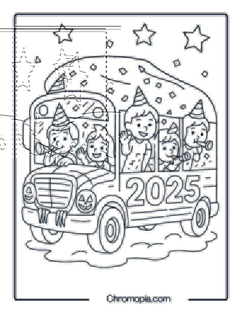 Cartoon 2025 Glass Bus with Confetti Inside – New Year Bus Coloring Page