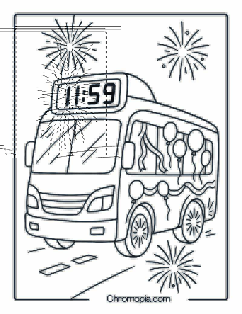 Midnight Countdown Bus with Fireworks – New Year Bus Coloring Page