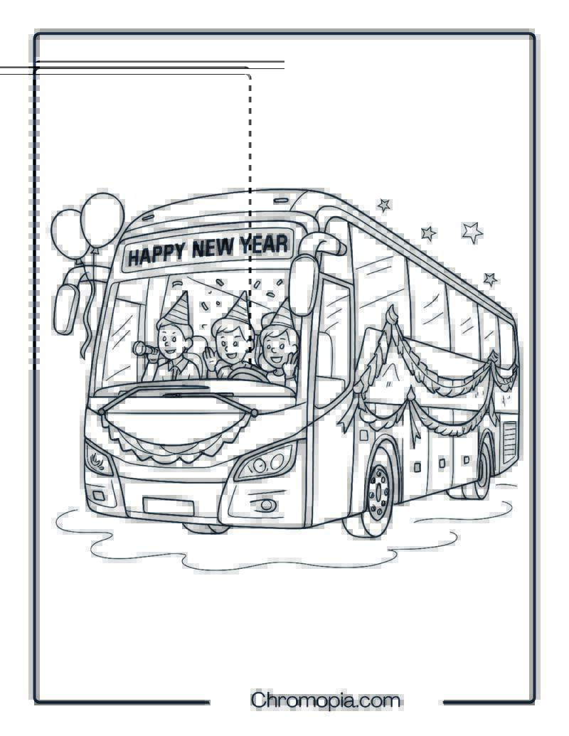 Realistic Tour Bus with New Year Decorations – New Year Bus Coloring Page