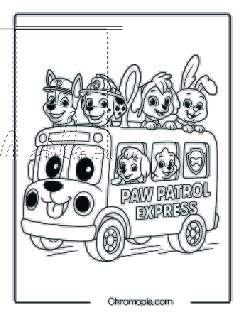 Paw Patrol Bus with Characters in Windows – Paw Patrol Bus Coloring Page