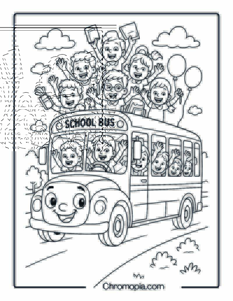 Funny Cartoon School Bus Full of Kids Waving – Cartoon Kids School Bus Coloring Page