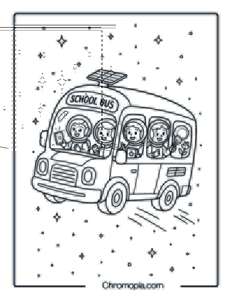 Futuristic School Bus with Kids in Space Helmets – Space School Bus Coloring Page