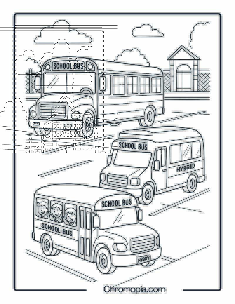Group of 3 School Buses in School Parking Lot – School Bus Parking Lot Coloring Page