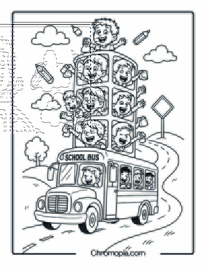 Over-Exaggerated Cartoon School Bus with Towering Stack of Kids – Crazy Cartoon School Bus Coloring Page