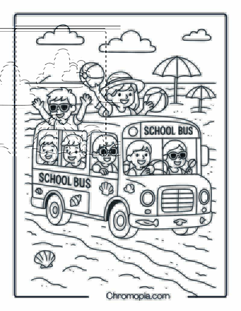 School Bus at the Beach Full of Vacationing Kids – Beach Bus Coloring Page