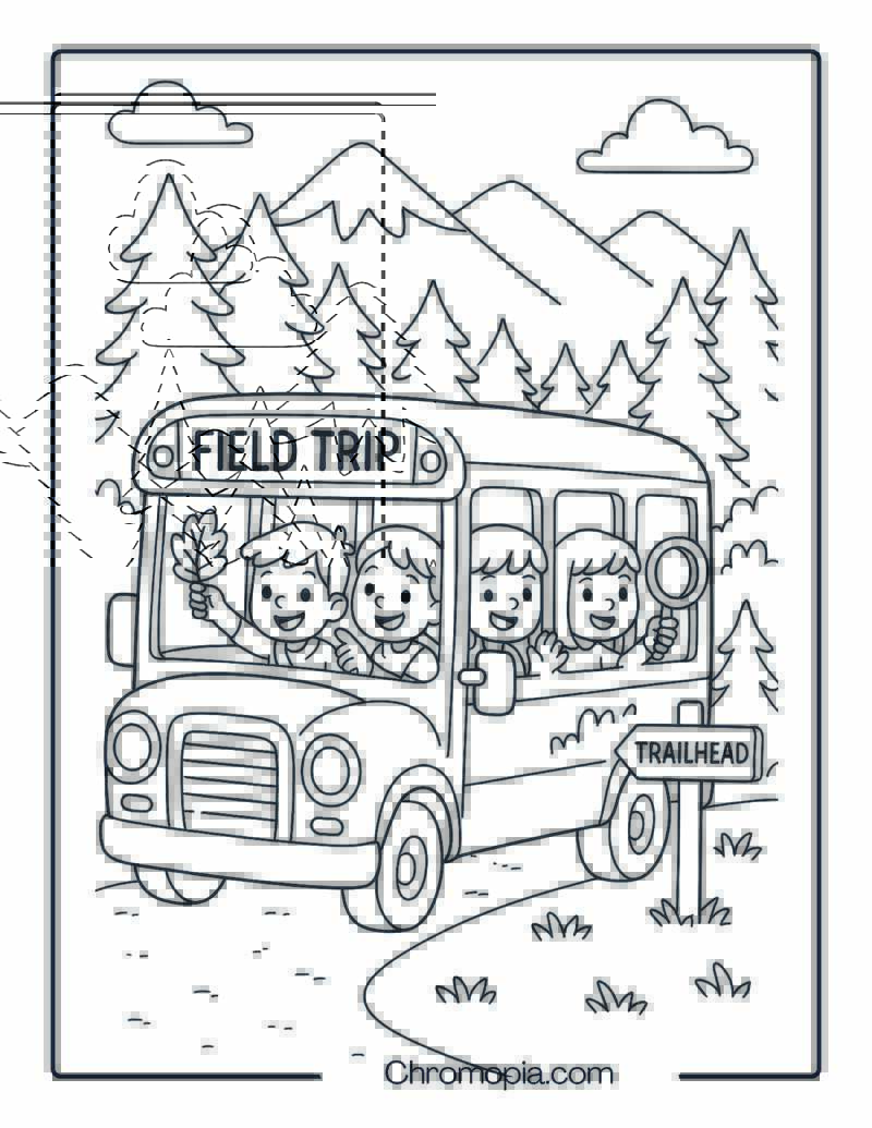 School Bus with Children on Field Trip – Field Trip School Bus Coloring Page