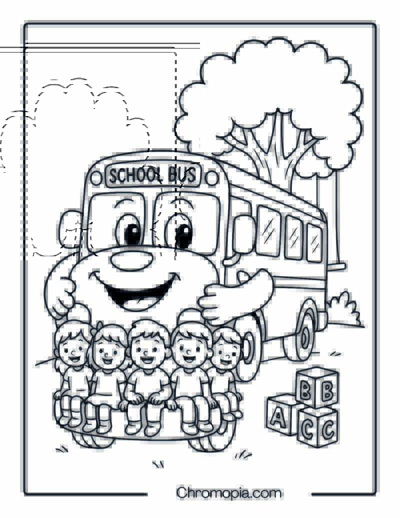 School Bus with Eyes and Arms Hugging Children – Friendly Cartoon School Bus Coloring Page