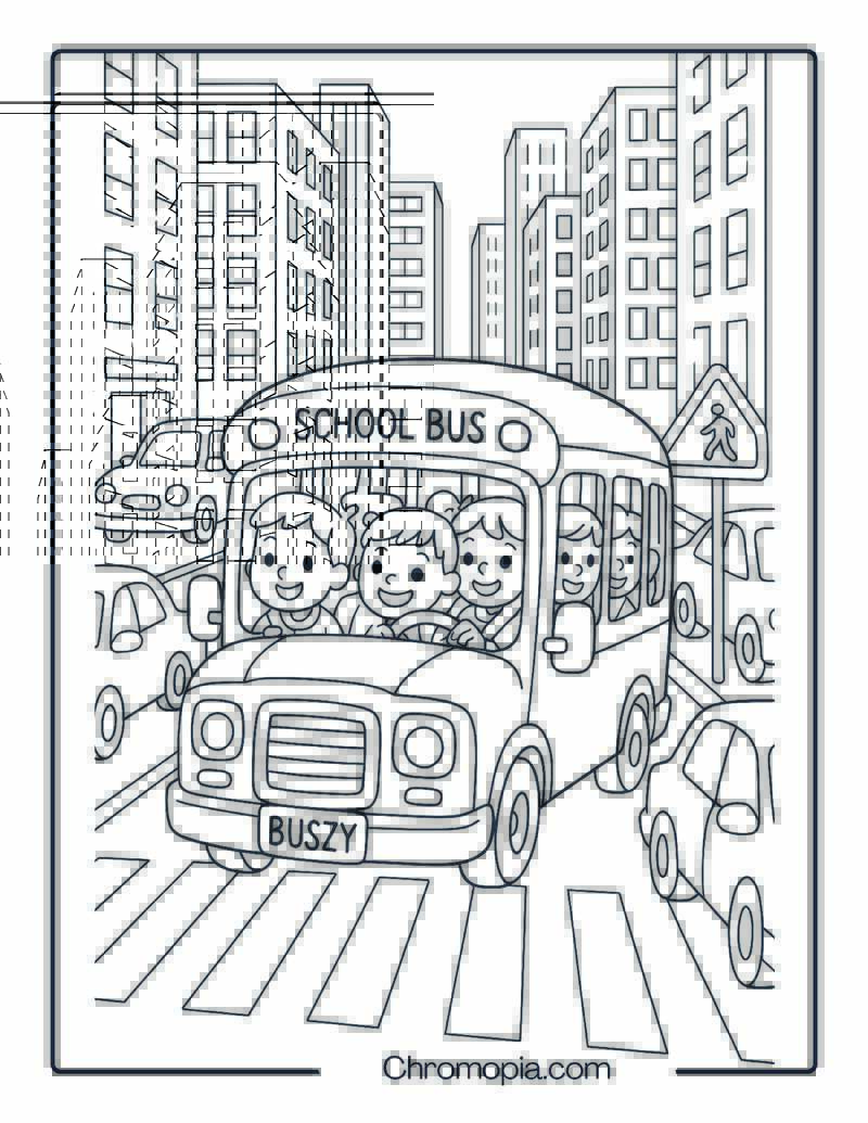 Tiny Cartoon School Bus in Busy City Street – Urban Cartoon School Bus Coloring Page
