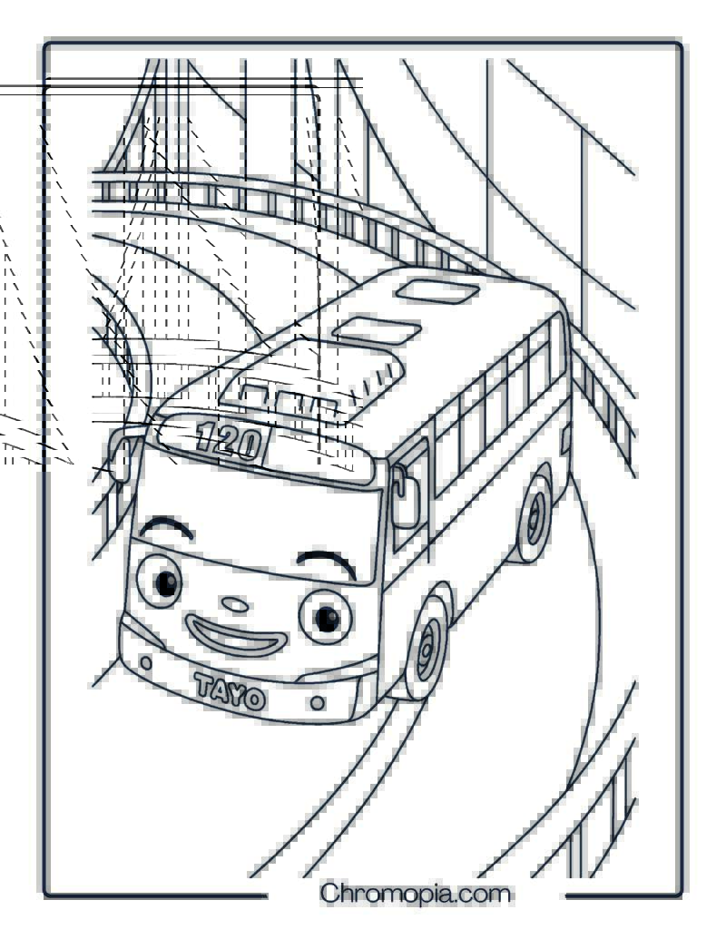 Tayo Driving on Curved Bridge – Tayo the Little Bus Coloring Page