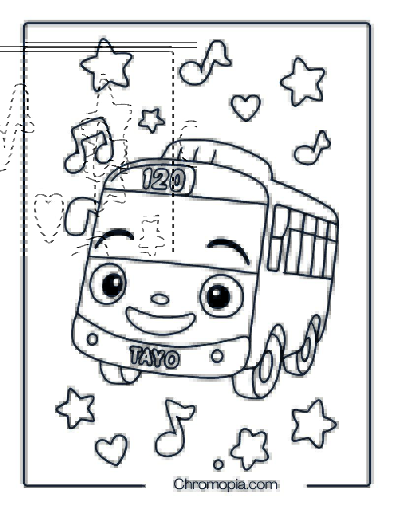 Tayo Surrounded by Stars and Music Notes – Tayo the Little Bus Coloring Page