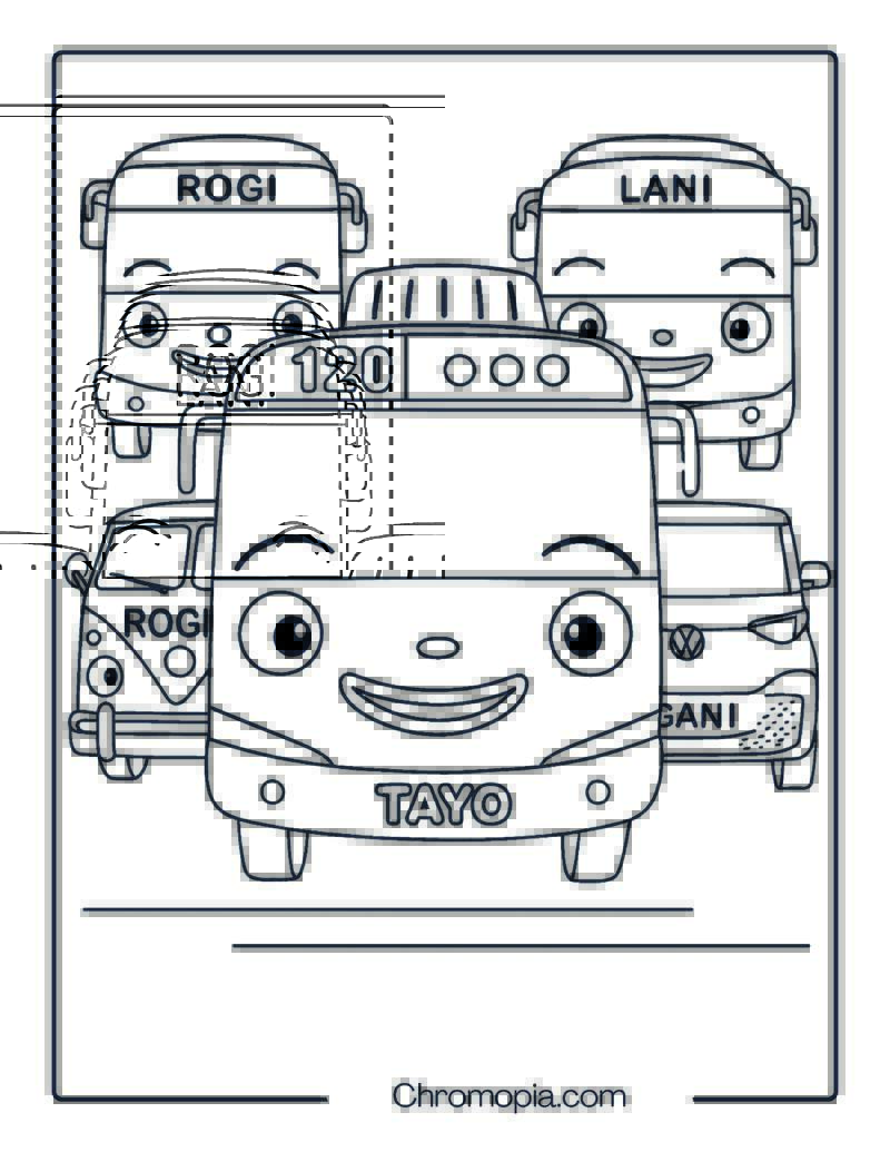 Tayo with Friends in Front View – Tayo the Little Bus Coloring Page