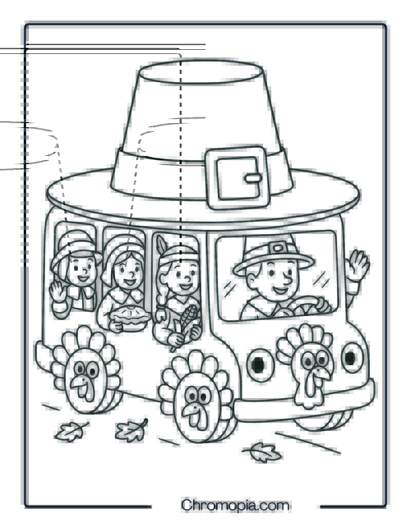 Pilgrim Hat Bus with Turkey Wheels – Thanksgiving Bus Coloring Page