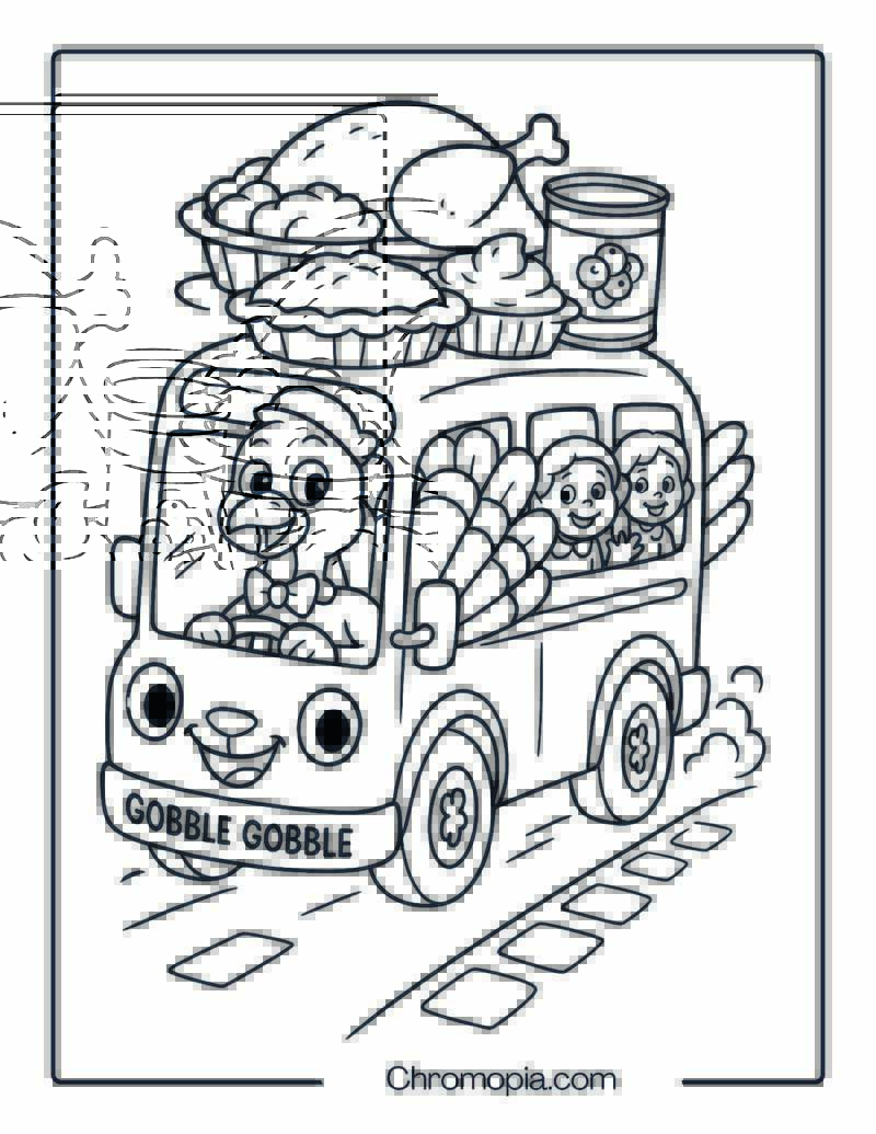 Turkey Driver Bus with Food Roof – Thanksgiving Bus Coloring Page