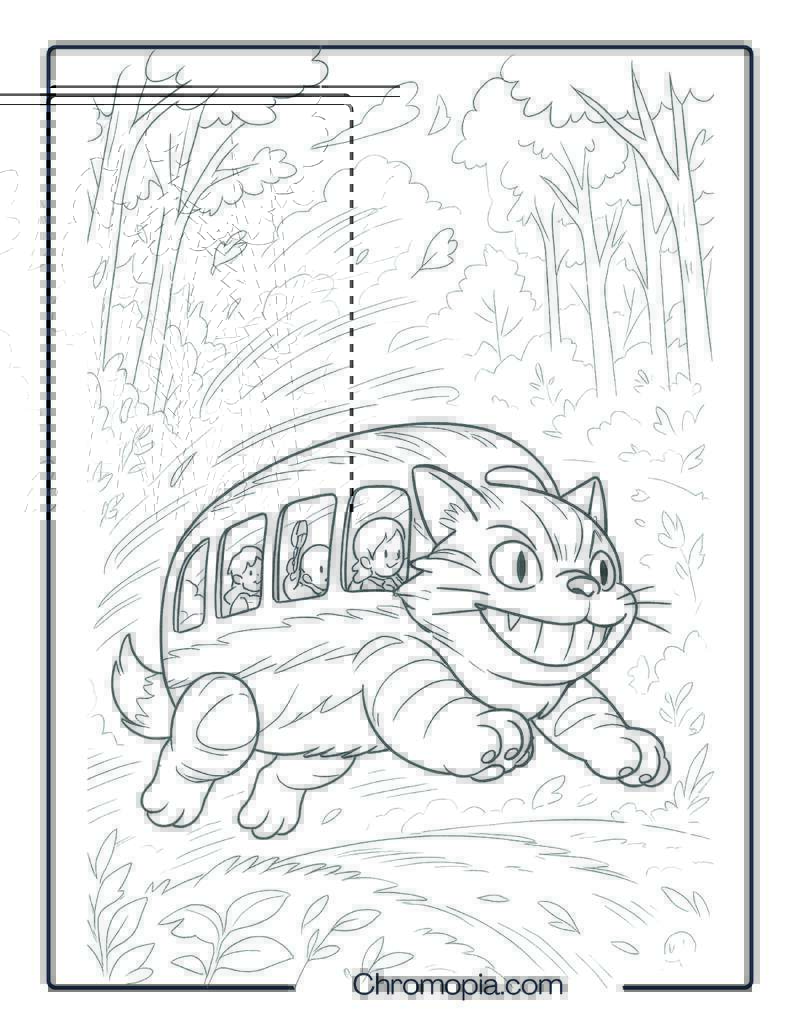 Dreamy Cat Bus Racing Through Forest – Totoro Cat Bus Coloring Page