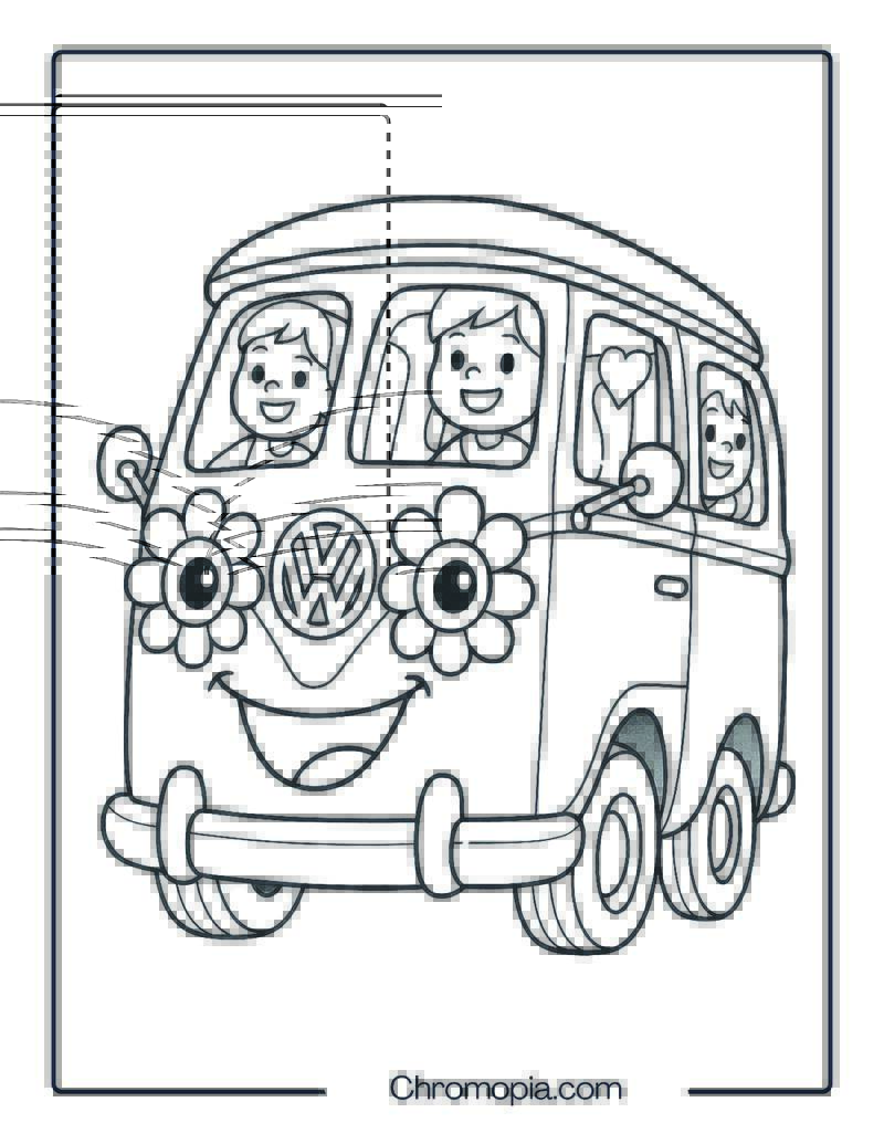 Cartoon Smiling Volkswagen Bus with Flower Glasses – Funny Cartoon VW Bus Coloring Page
