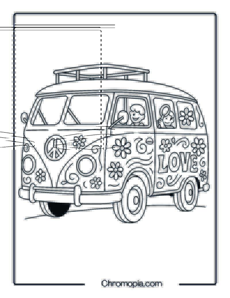 Classic 1960s Flower Power Volkswagen Bus – Groovy VW Bus Coloring Page