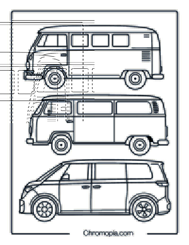 Collection of 3 Volkswagen Buses in Different Eras – VW Evolution Bus Coloring Page