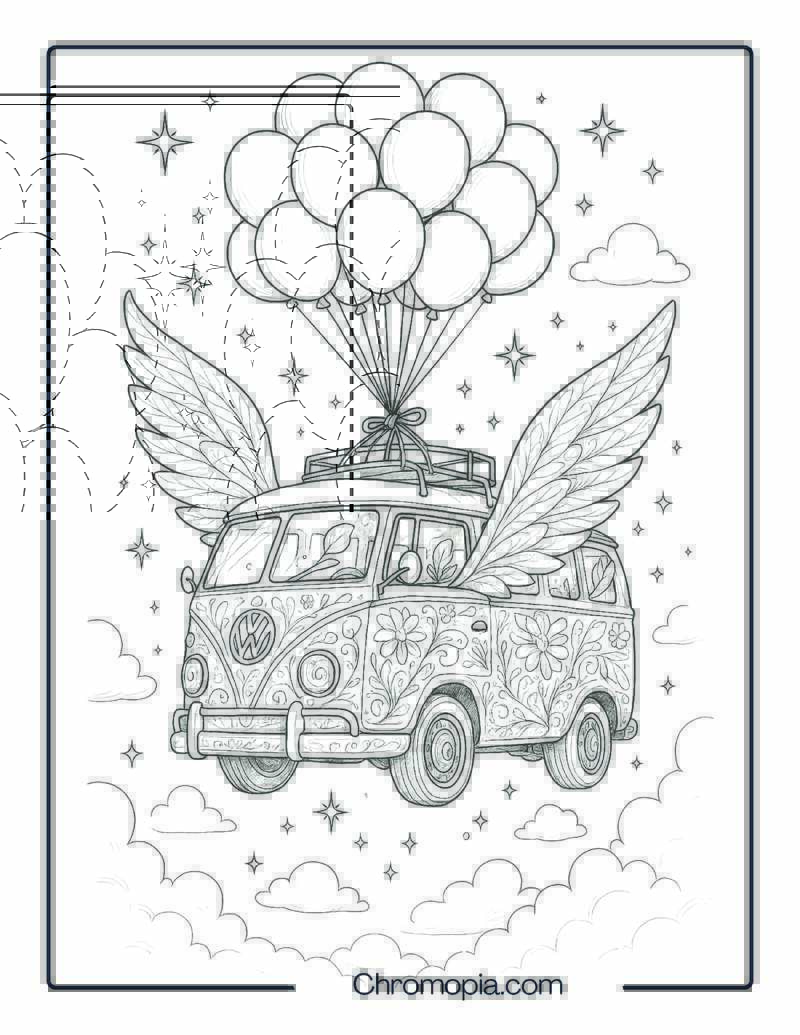 Dreamy Magical Volkswagen Bus Floating with Balloons – Magical VW Bus Coloring Page