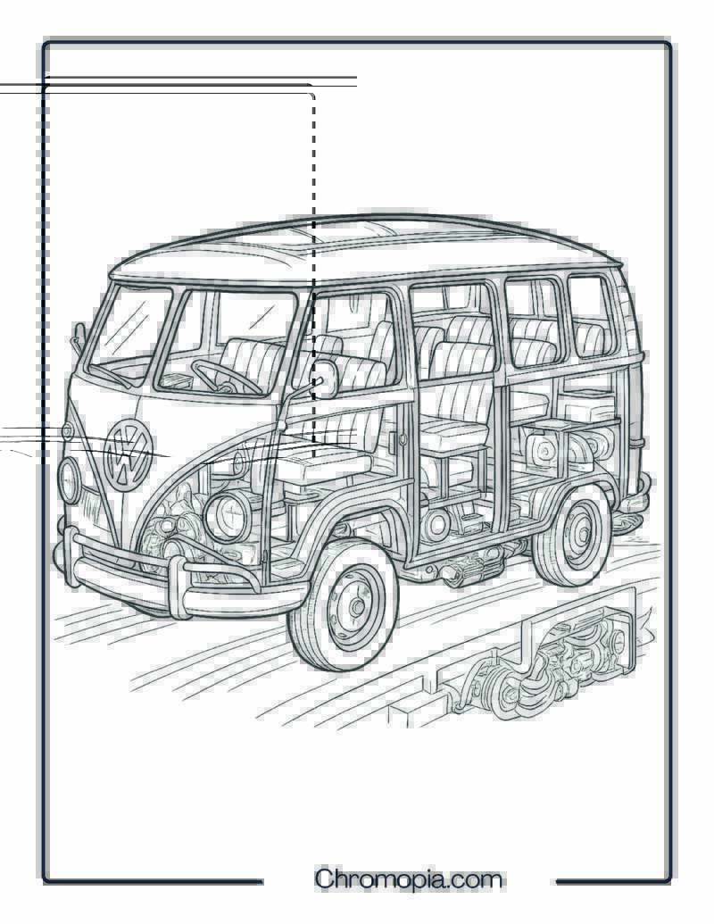 Intricately Detailed Cutaway View Volkswagen Bus – Structured VW Bus Coloring Page
