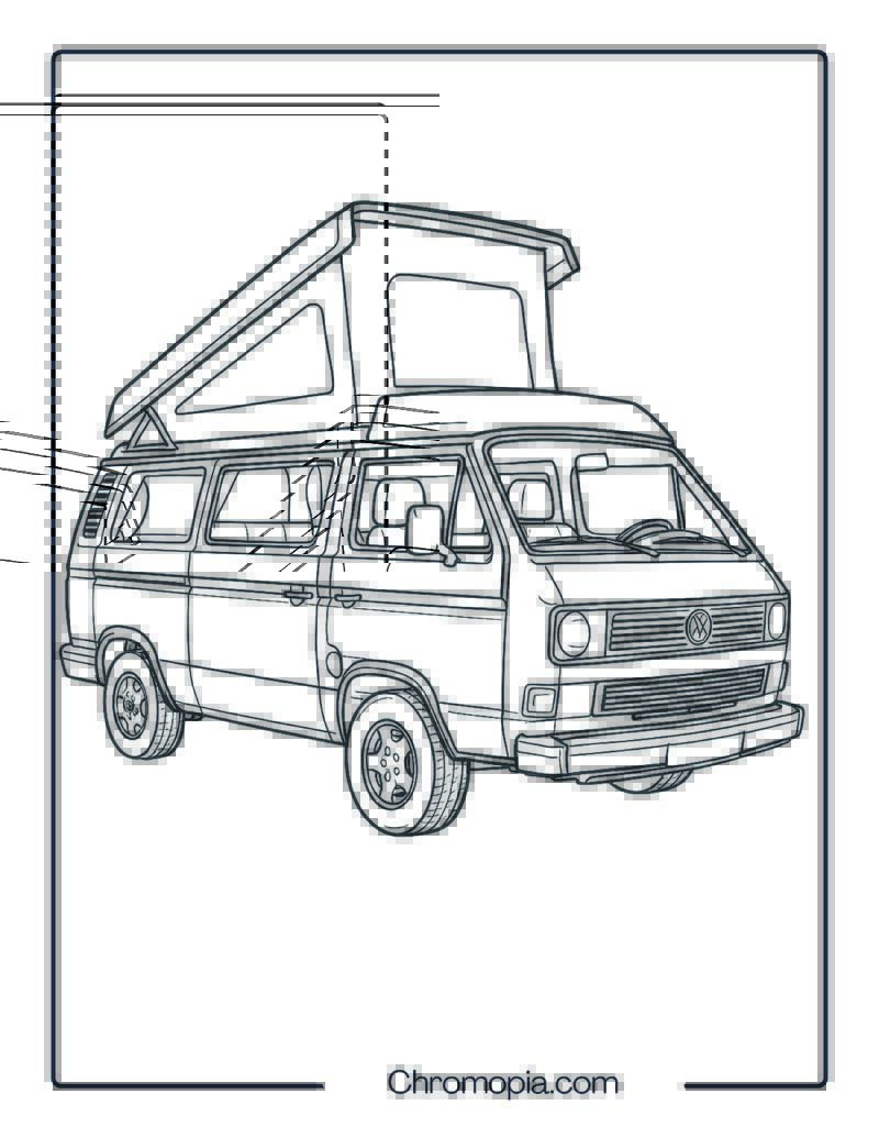Ultra-Realistic Volkswagen Camper with Pop-Top Roof – Realistic Camper VW Bus Coloring Page