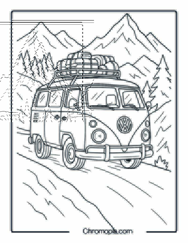Volkswagen Bus on Mountain Road With Roof Luggage – Scenic VW Bus Coloring Page