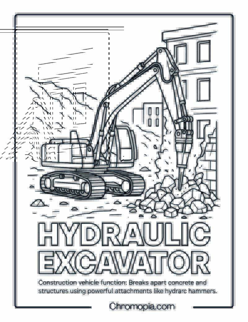 Hydraulic Excavator (with Breaker Attachment) Construction Vehicle Coloring Page
