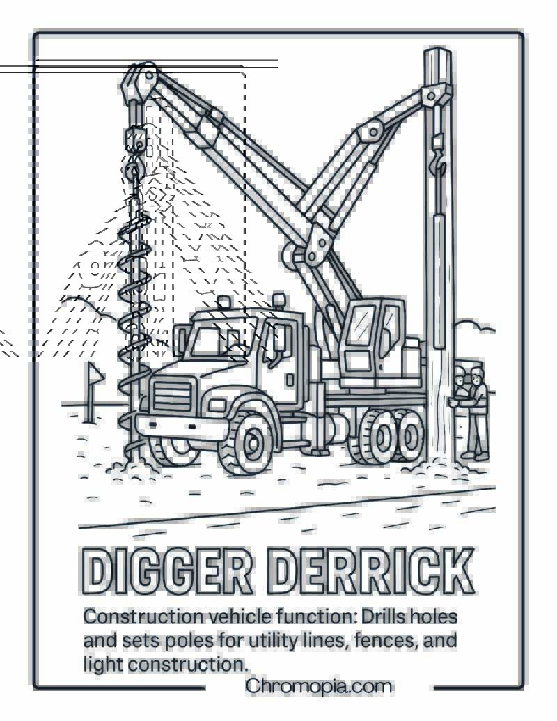 Digger Derrick Construction Vehicle Coloring Page