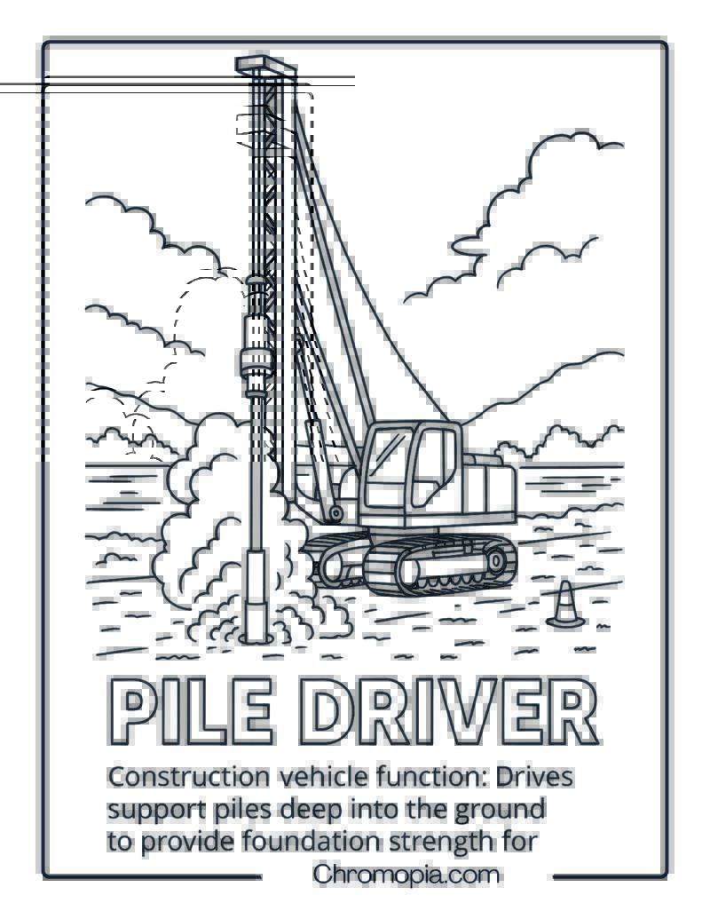 Pile Driver Construction Vehicle Coloring Page