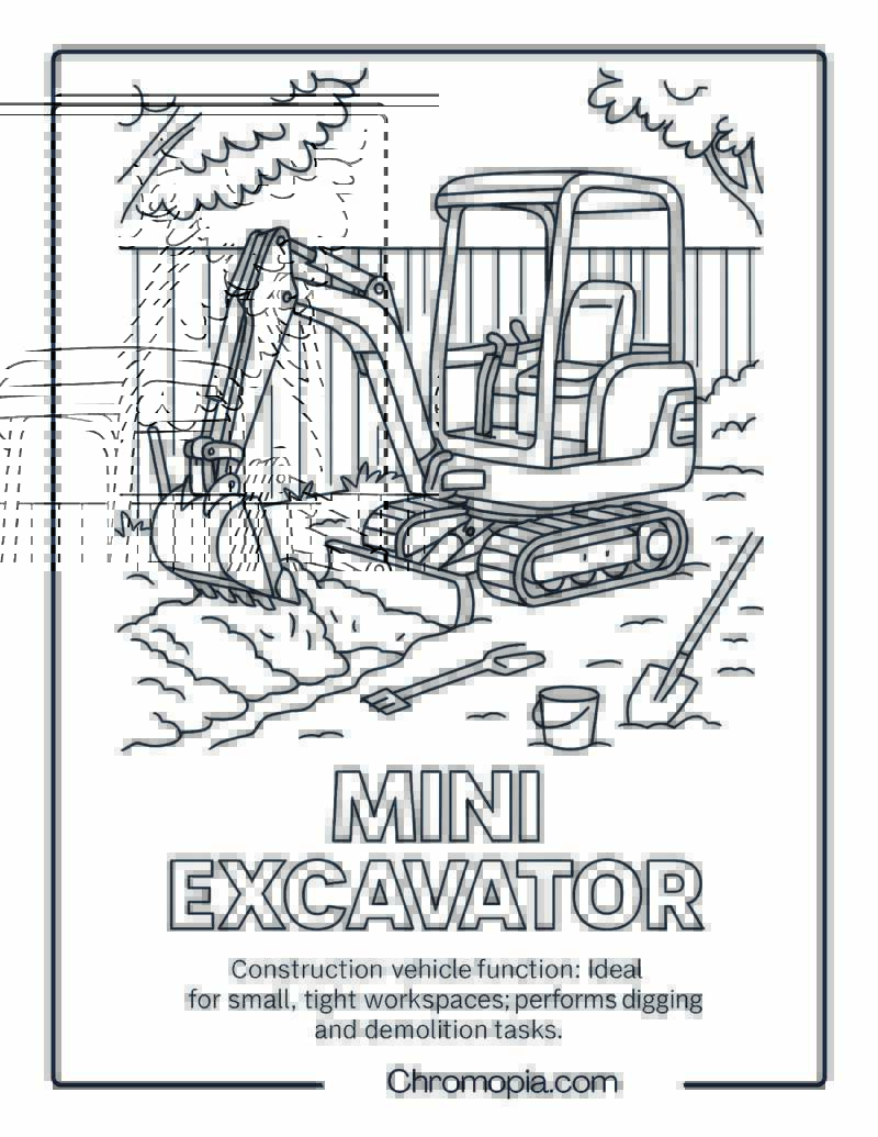 Mini Excavator Construction Vehicle Coloring Page