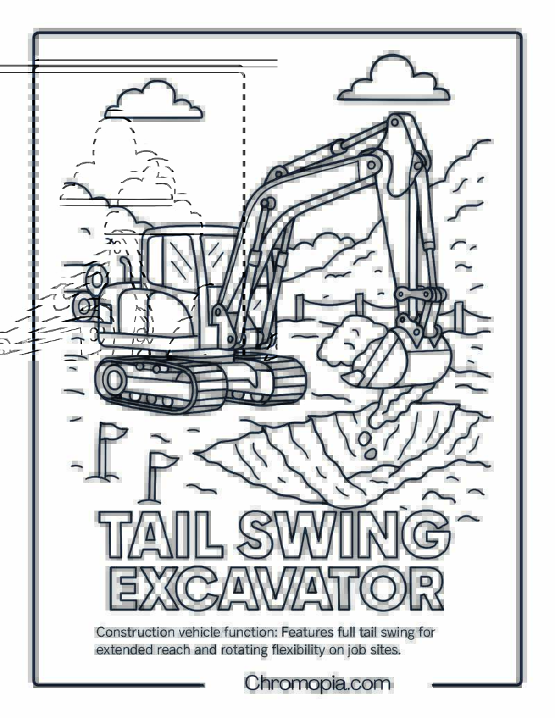 Tail Swing Excavator Construction Vehicle Coloring Page