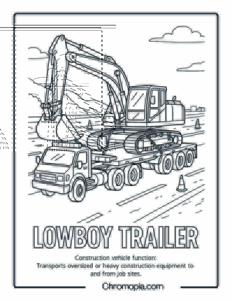 Lowboy Trailer Construction Vehicle Coloring Page