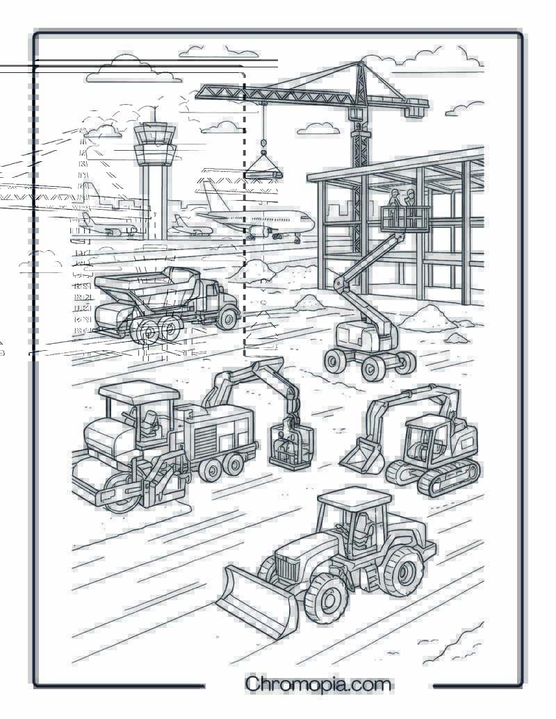 Airport Runway and Terminal Expansion Scene Coloring Page