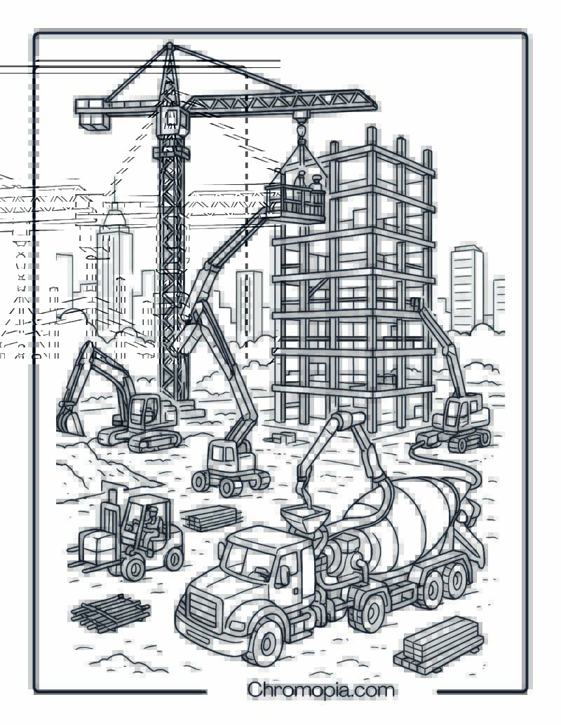 City High-Rise Construction Scene Coloring Page